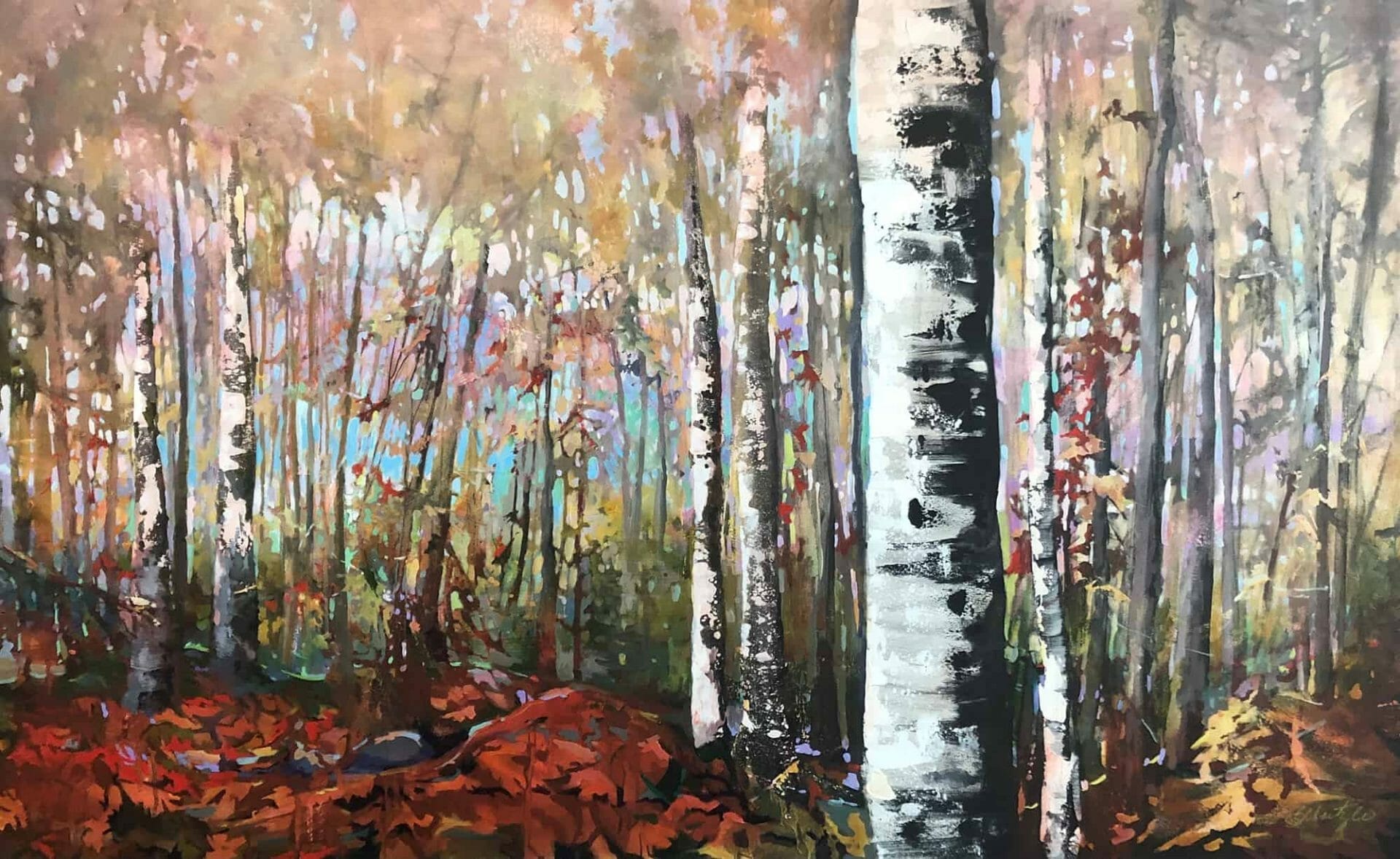 All the Colors, Past the Birch Tree - Canadian Original Artwork For Sale by Sheila Schaetzle - Calgary, AB Local Artist - Nature